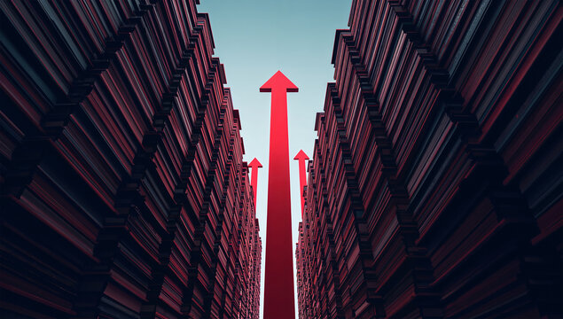 積み上がる本の間を赤い矢印が伸びる学習成長と教育成果のコンセプト