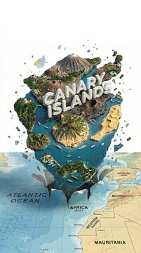 Creative 3D Isometric Map of the Canary Islands popping out of a flat World Map, featuring Volcanic Mountains, Lush Forests, Beaches, and Boats in the Atlantic Ocean
