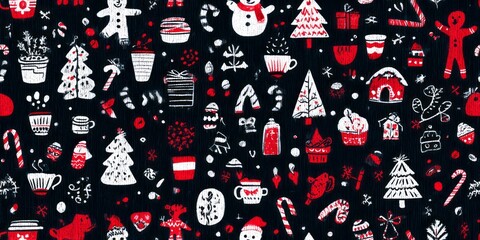 Naklejka premium Festive winter holiday pattern with icons of trees, gifts, and cheerful characters.