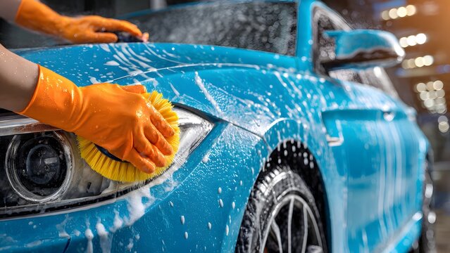 Realistic image of a bright blue hatchback mid-wash