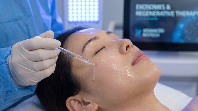 A medical professional in protective attire performing an exosome regenerative facial treatment on a relaxed patient in a high-tech skincare clinic