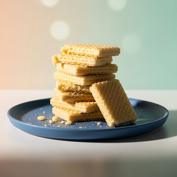 Delicious crispy vanilla wafer cookies stacked neatly on a blue plate with a soft bokeh background, perfect for a sweet snack anytime