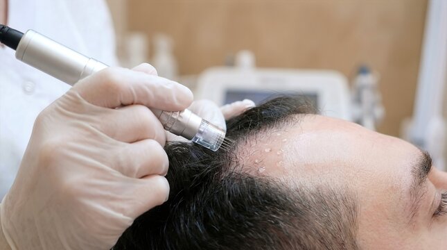 A close-up shot of a professional dermatologist performing a microneedling treatment on a male patient's scalp to stimulate hair growth and rejuvenate the skin in a medical clinic setting.