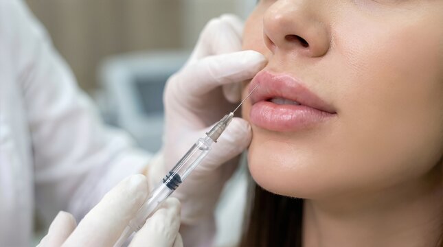 Professional dermatologist performs a precise lip filler injection procedure on a patient in a sterile cosmetic clinic to enhance facial aesthetics and achieve a fuller, youthful pout.