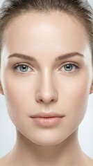 Obraz premium Close-up portrait of a young woman with flawless glowing skin and beautiful green eyes looking at camera, representing natural beauty, skincare, and healthy lifestyle