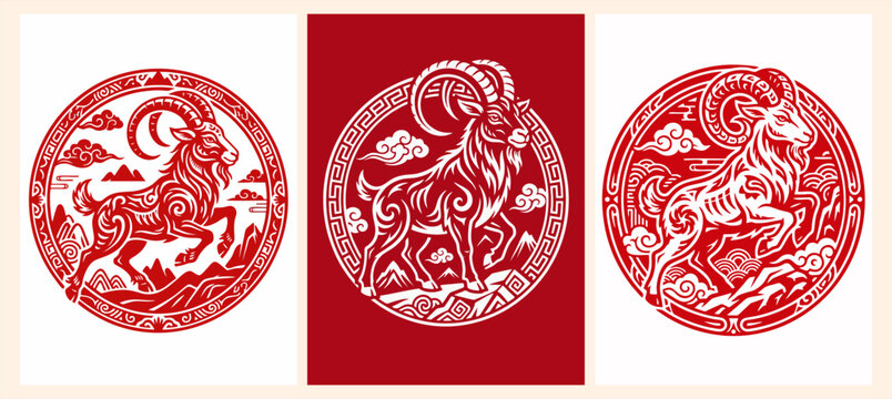 Chinese zodiac goat set. Red paper cut style goat with clouds. Lunar new year vector art