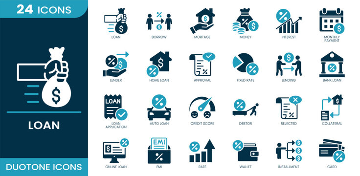 Loan icon set. Loan processing, borrowing activity, mortgage financing, fund allocation, interest percentage, monthly installment, lending operation, Duotone vector icons collection.