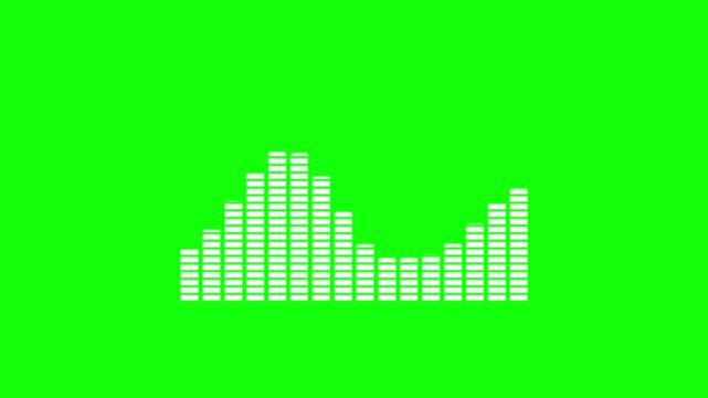 Animated white audio equalizer bars moving up and down rhythmically, simulating sound visualization, isolated on green screen background.