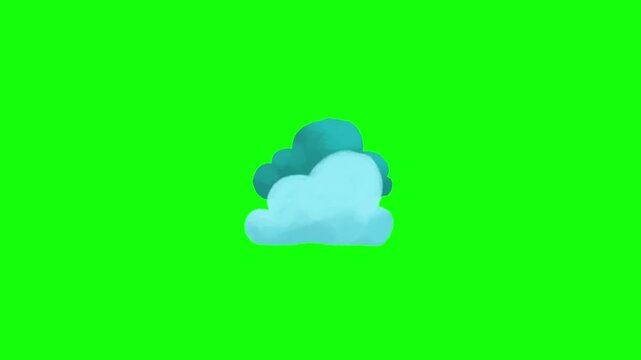 Animated 2D layered clouds drifting slowly sideways, light blue and dark teal colors, flat vector style, isolated on green screen background.