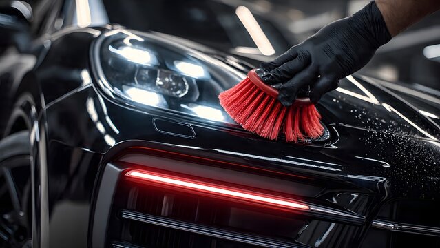 Intensely realistic shot of a black luxury SUV&rsquo;s front corner with the LED headlight coated in thick foam