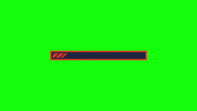 Animated 2D loading bar filling up from left to right, orange diagonal stripes moving, red border, isolated on green screen background.