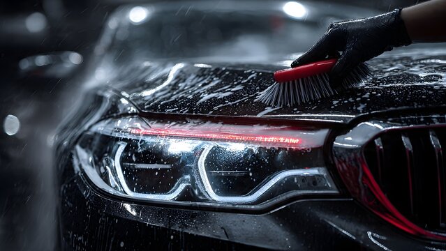 A close-up, photoreal shot of a detailer wearing black gloves carefully brushing thick white foam over an LED headlight on a black luxury car