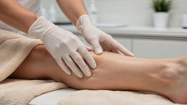 Professional therapist performing lymphatic drainage massage or anti-cellulite treatment on a woman's leg in a clean clinic or spa setting using white protective gloves.