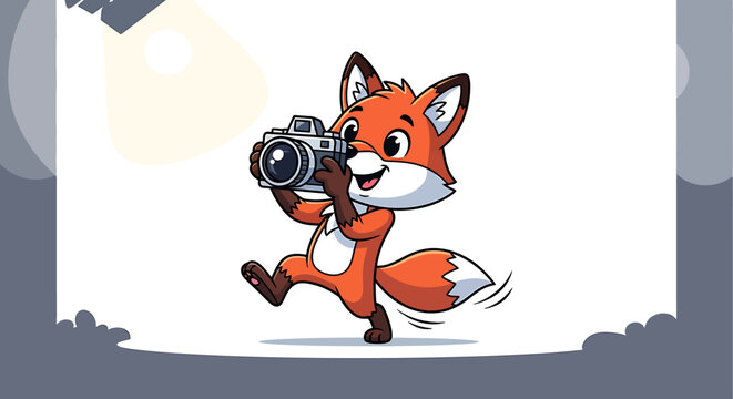 A cartoon fox holding a camera and running.