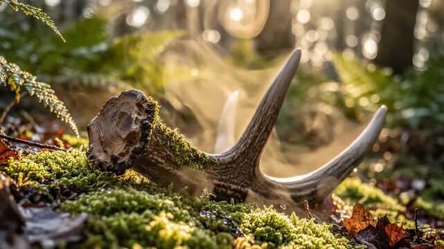 A serene forest scene featuring a moss-covered antler on the forest floor, bathed in warm sunlight.