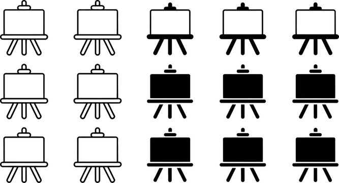 Collection of white and black presentation boards on easels for business meetings and conferences