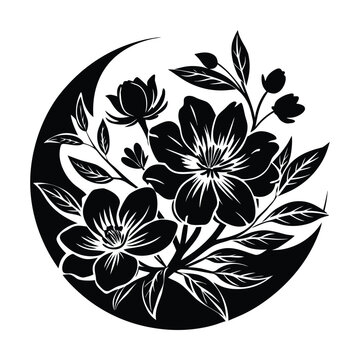 Black floral crescent moon, silhouette flowers, vector illustration, bohemian design element