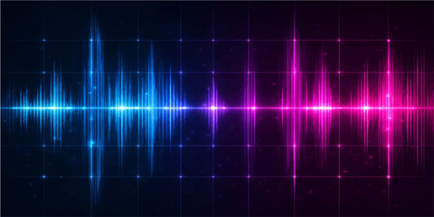 Abstract blue background with digital sound wave lines forming a medical heartbeat pulse pattern on an ekg monitor display for health technology and medicine illustration © Fahid