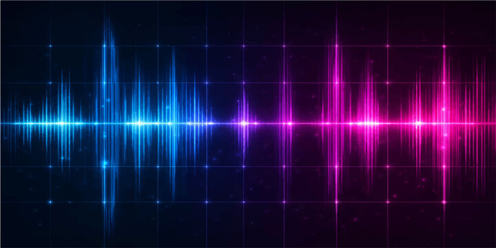 Abstract blue background with digital sound wave lines forming a medical heartbeat pulse pattern on an ekg monitor display for health technology and medicine illustration