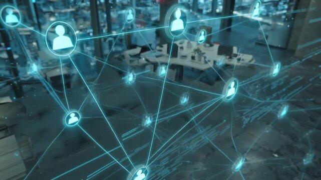 Dynamic visualization of an expansive digital technology network, illustrating interconnected user profiles and global communication pathways within a modern business environment