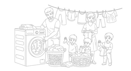 Obraz premium Family doing laundry together, washing machine, clothesline, happy parents and kids