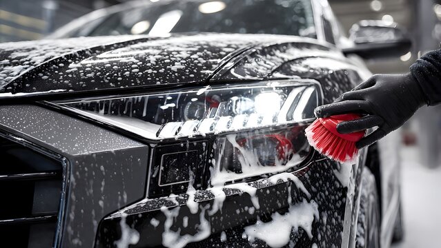 Lifelike image of a black luxury SUV&rsquo;s LED headlight being meticulously cleaned as a detailer in black gloves guides a red ferrule brush through dense