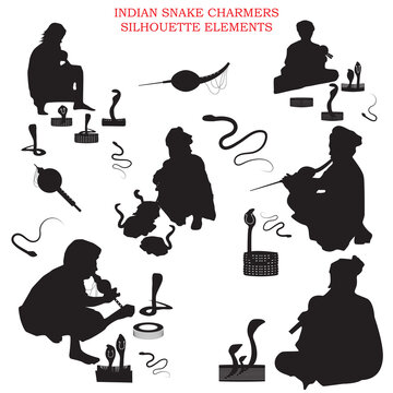 Indian snake charmers silhouette element isolated over white background with snakes,different positions of the man and the snake basket,pungi the snake charmer instrument.