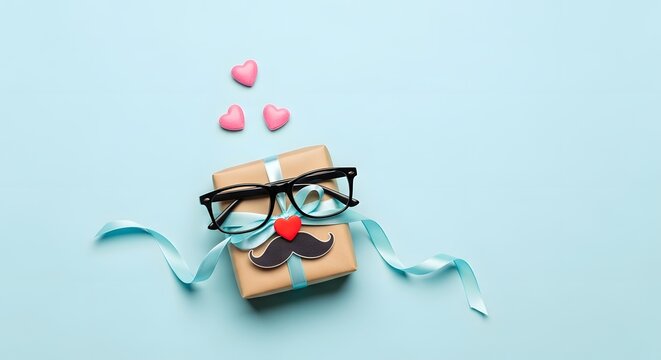 Title gift box with glasses and balloons on a light blue background description a creatively arranged gift box adorned with
