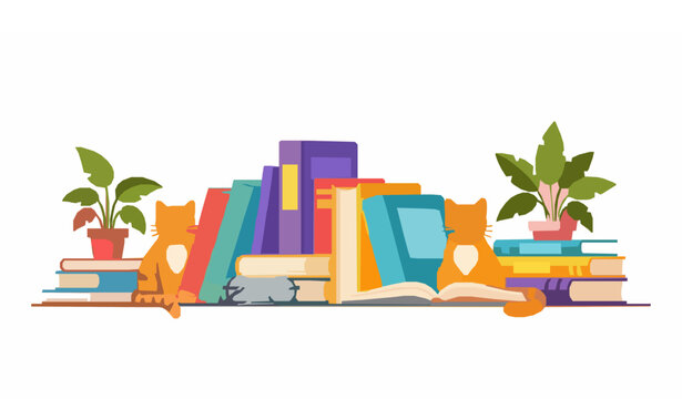 Cute cats and books reading vector set with plants and glasses in vertical composition isolated on white background