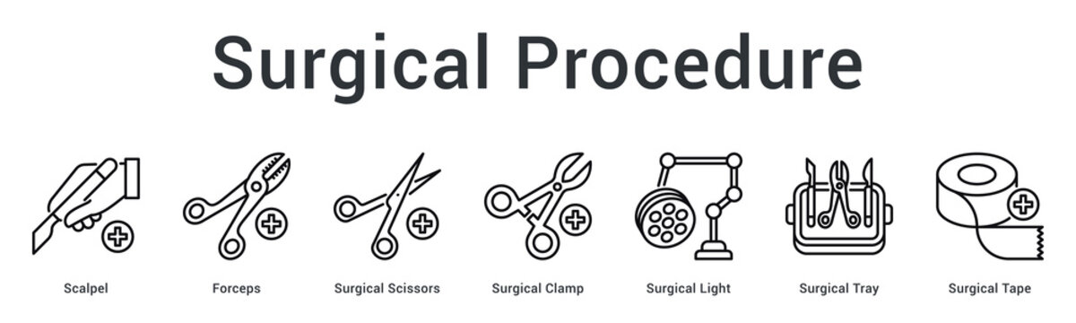 Surgical procedure banner web icon showcases essential operating room instruments for successful surgical interventions.