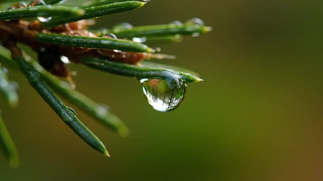 Close-up of a water droplet on a pine needle, reflecting the forest.