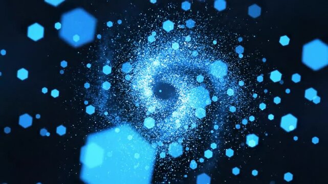 Dynamic blue particle vortex with glowing hexagonal elements forming an abstract digital backdrop, symbolizing data flow, technological innovation, and futuristic energy