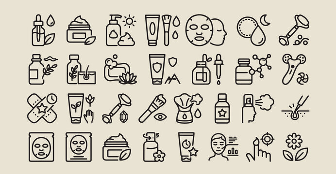 skincare and beauty icons, cosmetic product line art, facial care treatment icons, dermatological skin routine set, beauty salon equipment vector, organic cosmetic bottle symbols, female self care ico