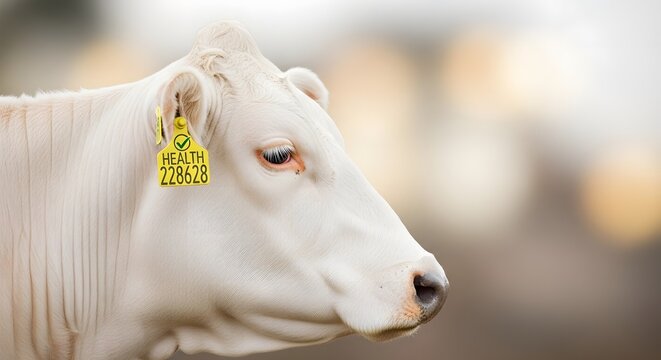 Close up of a healthy white cow with yellow ear tag for livestock identification.