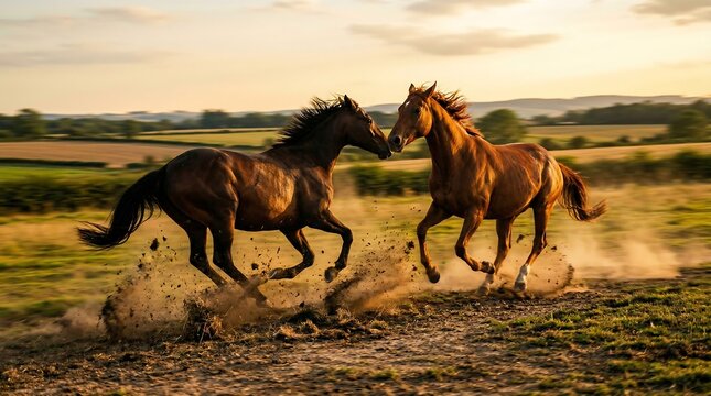 Two horses running side by side in a field with a cloudy sky at sunset, kicking up dust.