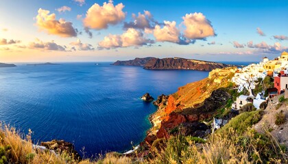 Stunning coastal landscape of Santorini island with blue sea and sky. © sakura