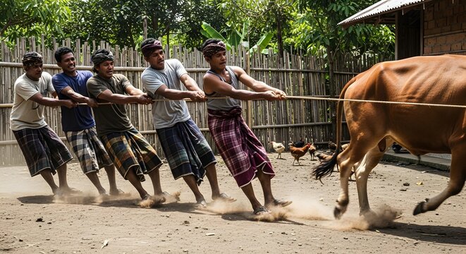 Group of Indonesian men pulling a rope to manage a sacrificial cow for Eid al-Adha.