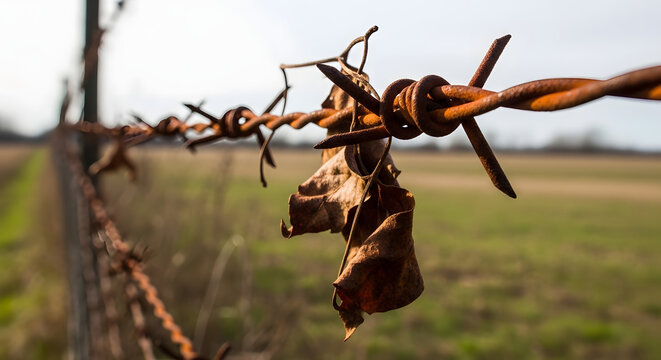 Rusty barbed wire fence with dry leaves in a rural field background