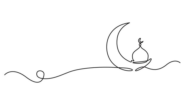 Moon continuous one line art drawing of Ramadan Kareem and Eid in outline vector illustration. one line Art icon drawing. Continuous line drawing of a mosque with crescent moon details.