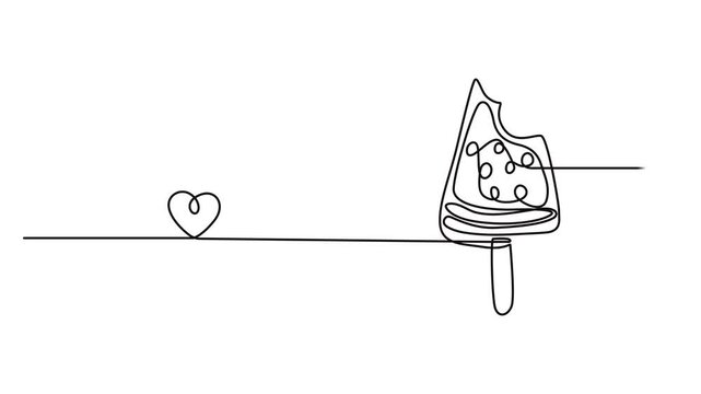 Abstract piece of watermelon, Self drawing animation one continuous line draw, logo, Animated self drawing of continuous line draw sliced healthy organic watermelon, Full length one line animation.