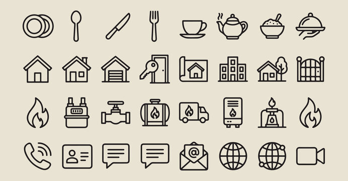 home services utilities maintenance, plumbing and repair icons, water and gas system, electrician service graphics, household plumbing symbols, energy supply line art, facility management elements
