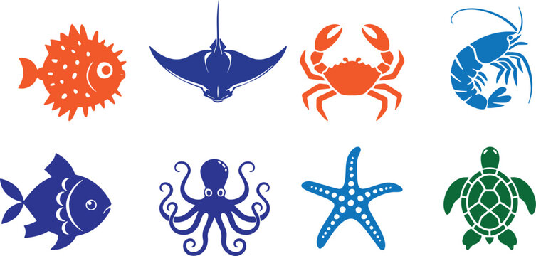 Colorful marine life illustrations a collection of ocean creatures in a stylized design