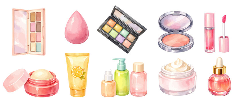 A charming watercolor collection of skincare and makeup products featuring beauty cosmetics, pastel packaging, and self care essentials illustrated in a delicate feminine style.