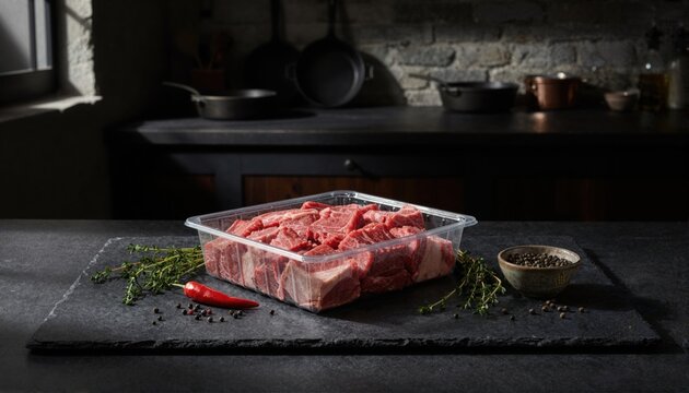 Premium raw beef chunks in moody lighting