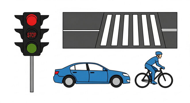 Traffic light, zebra cross, car, and cyclist vector icon set