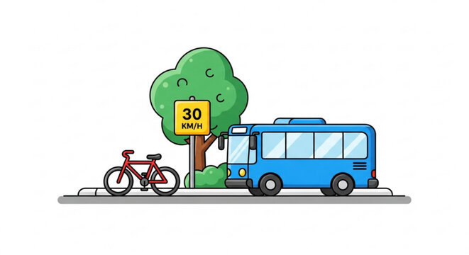 Blue bus and red bicycle on the road with speed limit traffic sign vector illustration