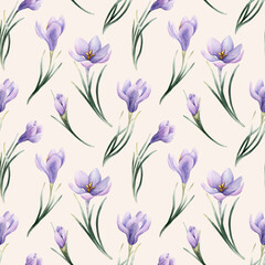 Crocus Seamless Pattern Spring Bulb Flower. Watercolor hand drawn floral illustration isolated on light pink background © Leyla