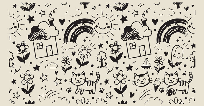 cute sun cloud house doodles, hand drawn children style illustration, creative happy nature graphics, decorative weather icons elements, sketchy garden and cat symbols, whimsical village life backgrou