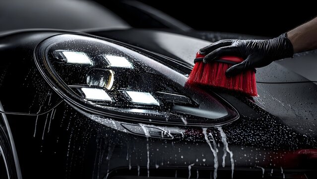 Macro perspective of a black-gloved detailer pressing a red ferrule brush into the corner of a foam-covered LED headlight on a black flagship sedan