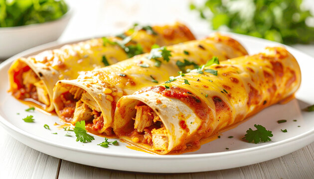 Chicken enchiladas, white plate, closeup. AI